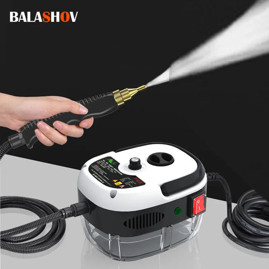 BALASHOV handheld steam cleaner with 2500W power, 900ml water tank, and 2.2m steam hose. Ideal for home and car cleaning, with options for 110V US or 220V EU plugs.