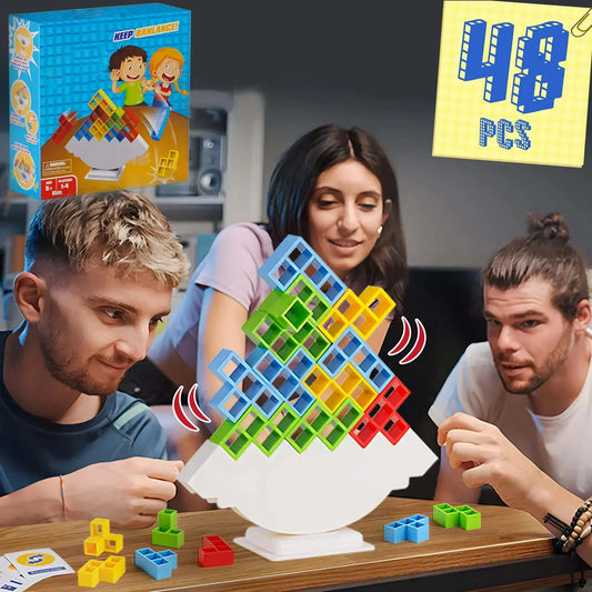 Colorful plastic blocks stacked in a balance game, perfect for kids and adults.