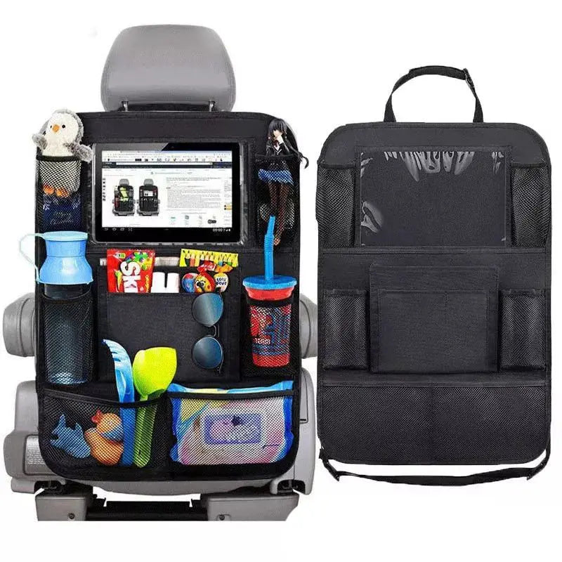 Car back seat organizer with touch screen tablet holder, waterproof and adjustable.