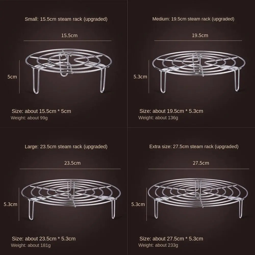 Stainless steel steamer rack in multiple sizes (15.5cm, 19.5cm, 23.5cm, 27.5cm). Made from durable 304 stainless steel, ideal for steaming vegetables and fish, with rust resistance and easy handling.