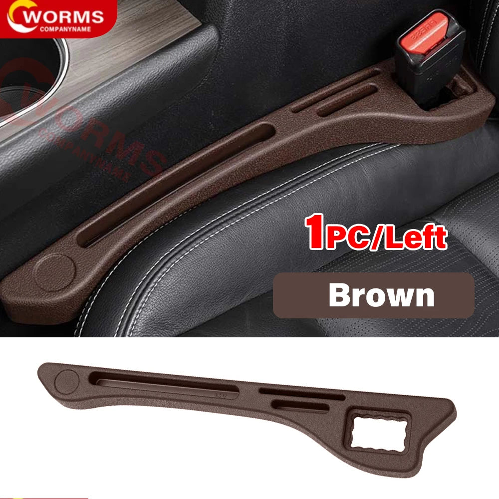 Universal car seat gap filler plug strip made from durable PU material, designed to prevent items from falling into the gap between the seat and console. Features holes for seat belt buckle access. Available in multiple colors.