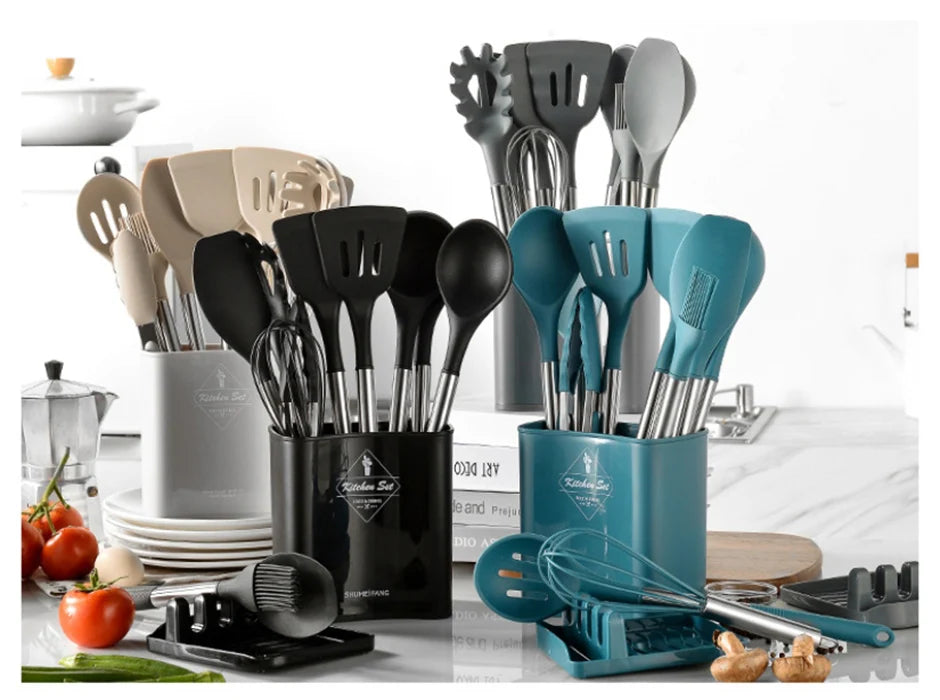 13 PCS Silicone Kitchen Utensil Set with Stainless Steel Handles and Storage Bucket