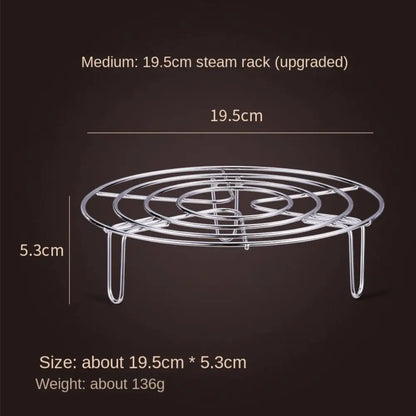 Stainless steel steamer rack in multiple sizes (15.5cm, 19.5cm, 23.5cm, 27.5cm). Made from durable 304 stainless steel, ideal for steaming vegetables and fish, with rust resistance and easy handling.