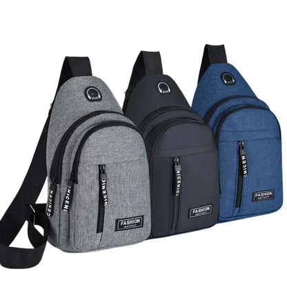 Markroyal multifunctional men's chest bag in Oxford cloth, available in black, gray, and blue, with a telescopic handle and multiple compartments.