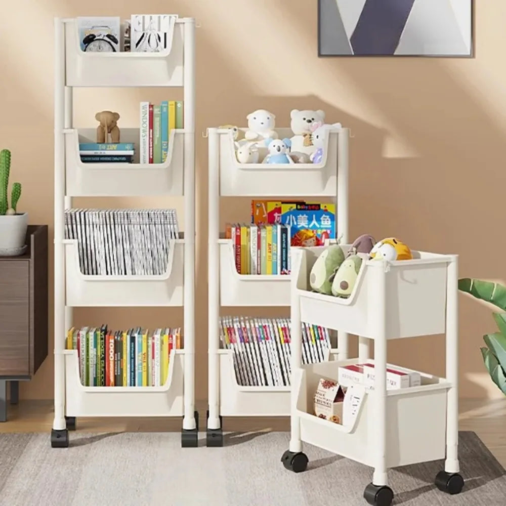 Portable trolley bookshelf with wheels for versatile storage and easy maneuverability.