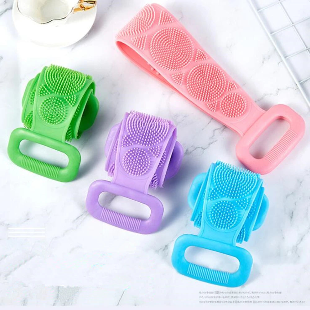 Silicone body scrubber bath brush with long strap for exfoliating and back massage