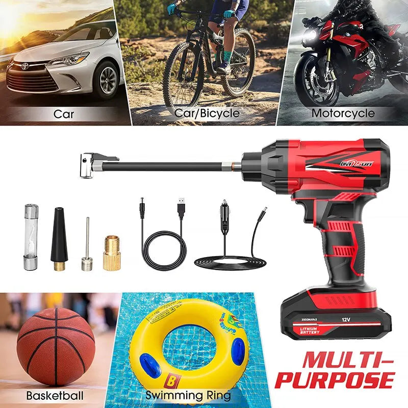 Carsun portable 150PSI wireless air pump for cars, bikes, and motorcycles.