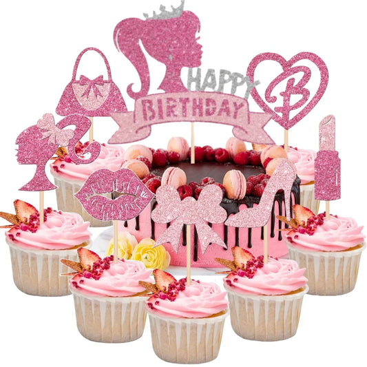 Barbie Pink Glitter Princess Cupcake Toppers for birthdays, baby showers, and weddings, featuring a charming design perfect for pink-themed parties