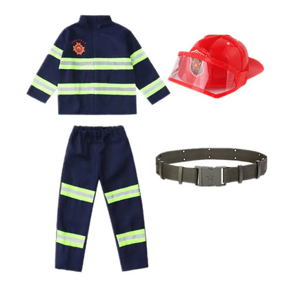 Children’s firefighter costume set with top, pants, adjustable helmet, and toy accessories, ideal for Halloween, career day, and imaginative play.