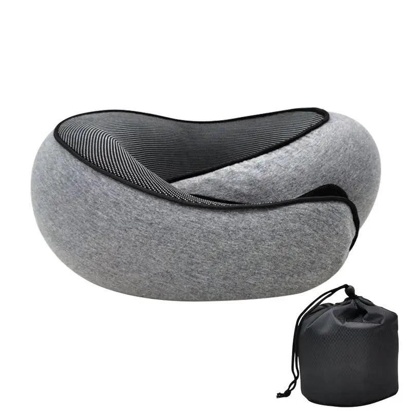 Memory foam neck pillow with pure cotton cover, ergonomic U-shape design, and a waterproof carry bag. Ideal for travel, flights, and camping, providing neck support and comfort.