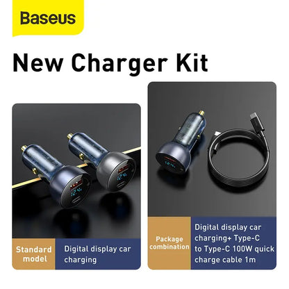 Baseus 65W dual port car charger with USB Type C and PD QC fast charging.