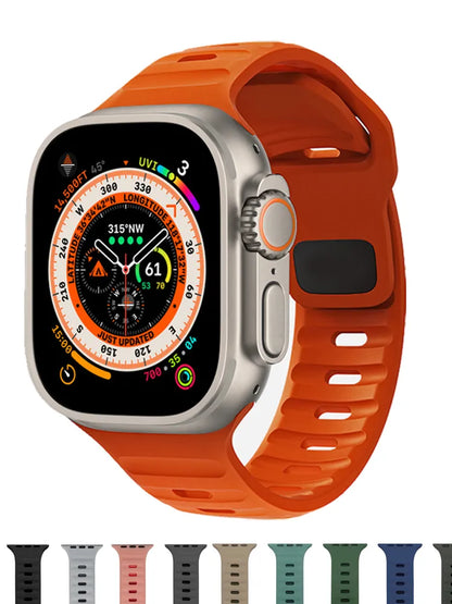 Soft silicone band for Apple Watch, combining style and comfort for all-day wear.