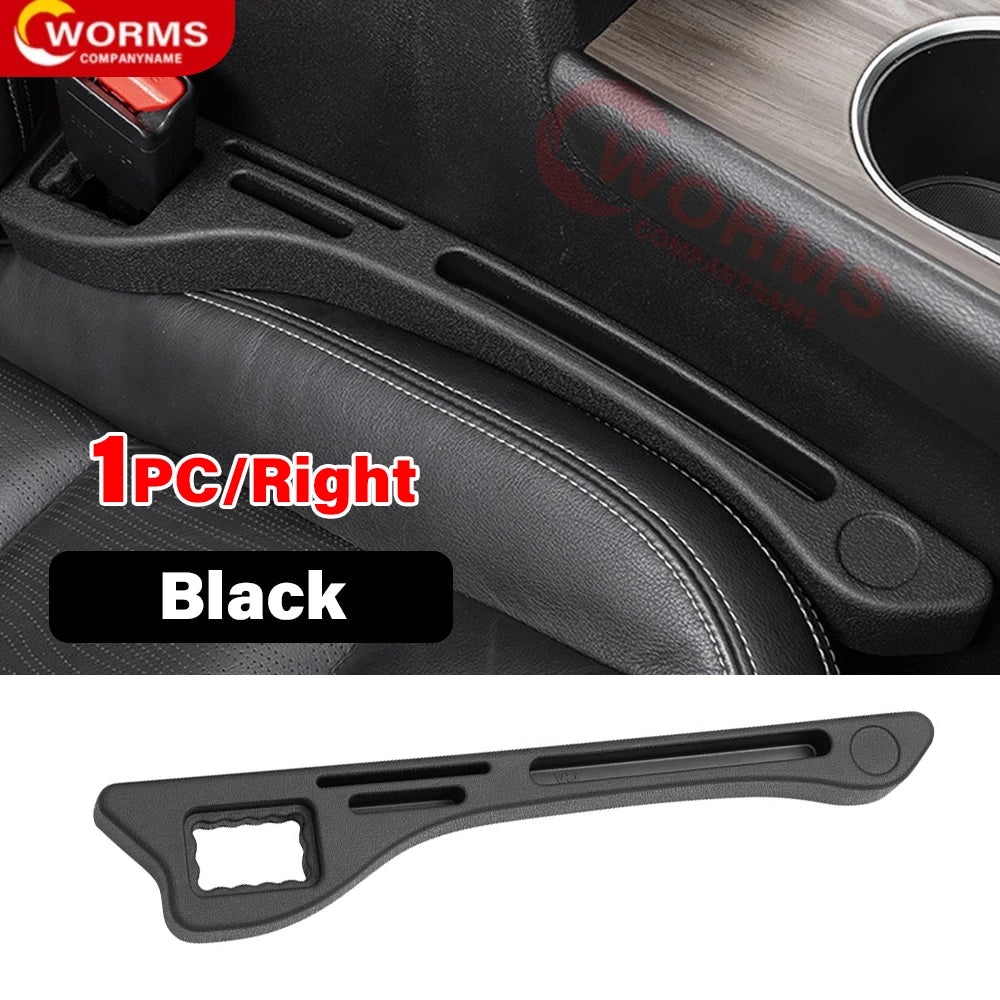 Universal car seat gap filler plug strip made from durable PU material, designed to prevent items from falling into the gap between the seat and console. Features holes for seat belt buckle access. Available in multiple colors.