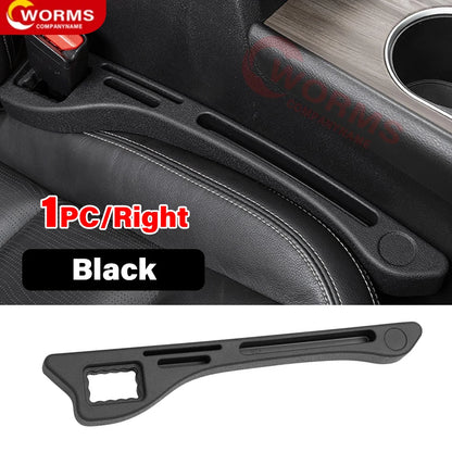 Universal car seat gap filler plug strip made from durable PU material, designed to prevent items from falling into the gap between the seat and console. Features holes for seat belt buckle access. Available in multiple colors.