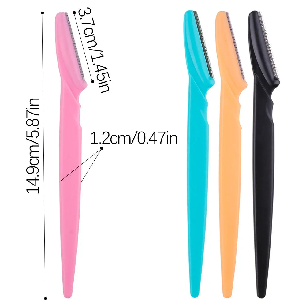 Eyebrow trimmer set in pink, yellow, blue, and black, featuring stainless steel blades and ergonomic handles. Includes 3, 4, or 10 pieces for portable grooming.