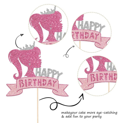 Barbie Pink Glitter Princess Cupcake Toppers for Wedding, Birthday, Baby Shower