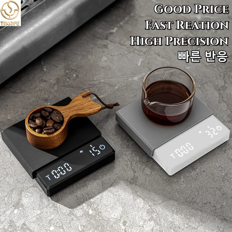 Mini coffee scale with LED display, 2kg capacity, accurate to 0.1g, USB powered.