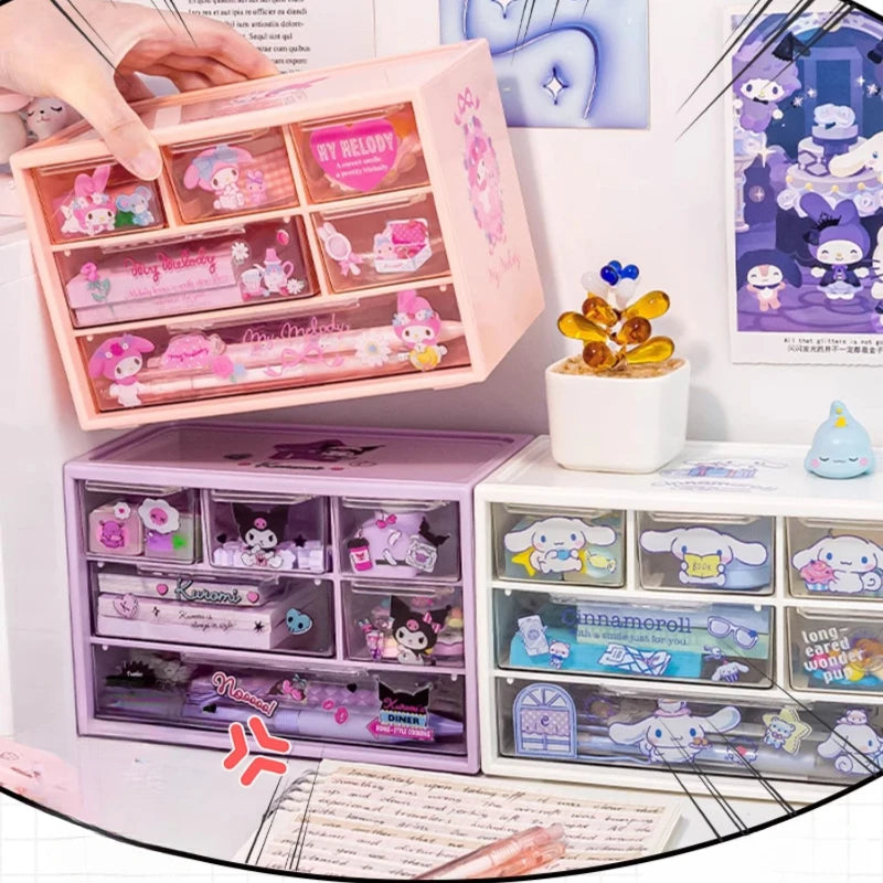 Sanrio 6-Grid Transparent Desktop Storage Box with Kuromi, Melody & Cinnamoroll Stickers