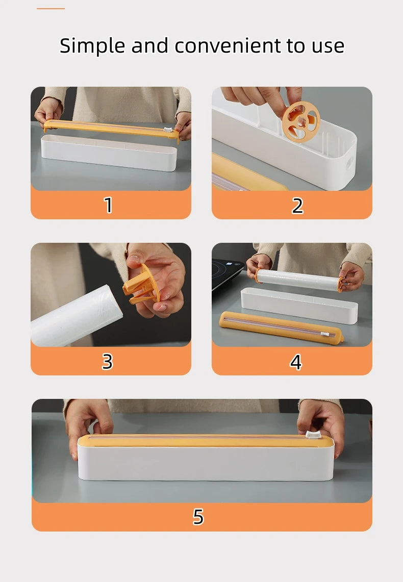 Plastic cling wrap dispenser with cutter, anti-drop design, fits up to 35 cm wide wraps.