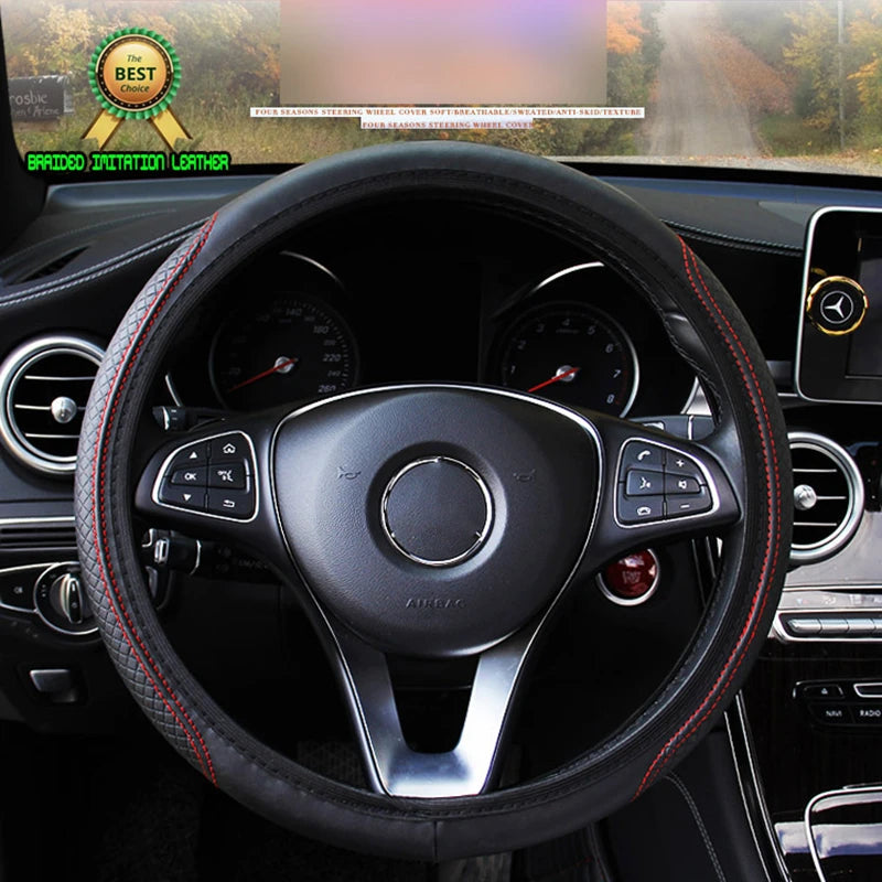 Universal non-slip embossed leather steering wheel cover for all seasons.