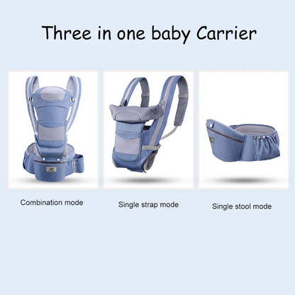 Ergonomic newborn baby carrier backpack with hipseat, front-facing option, and durable cotton fabric, ideal for infants and toddlers.