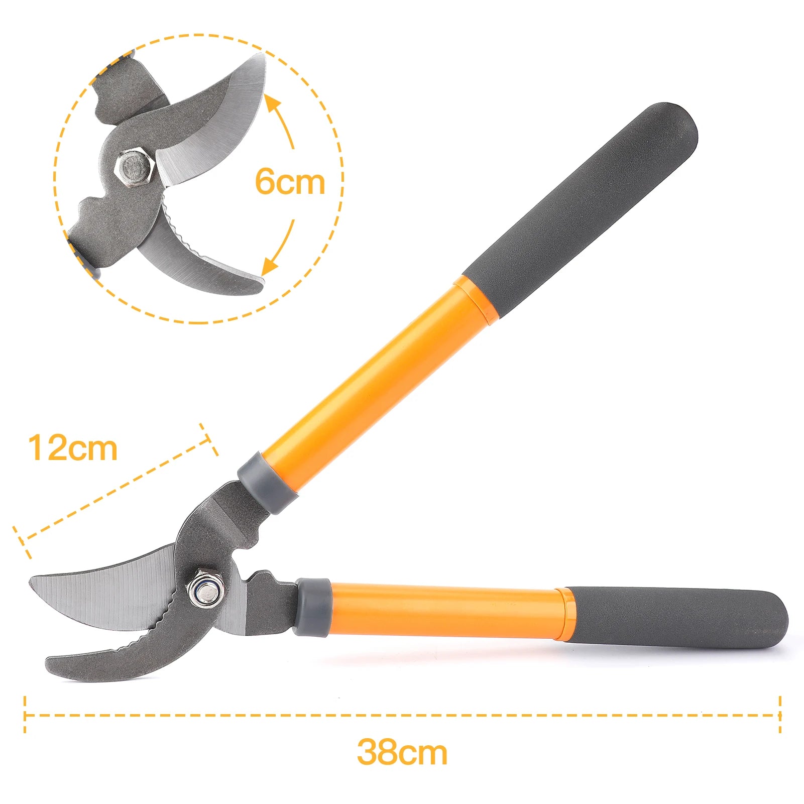 Stainless steel garden pruning shears with labor-saving design and protective cover.