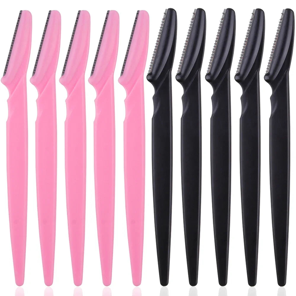 Eyebrow trimmer set in pink, yellow, blue, and black, featuring stainless steel blades and ergonomic handles. Includes 3, 4, or 10 pieces for portable grooming.