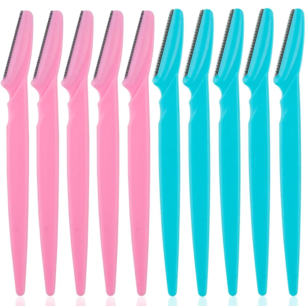 Eyebrow trimmer set in pink, yellow, blue, and black, featuring stainless steel blades and ergonomic handles. Includes 3, 4, or 10 pieces for portable grooming.