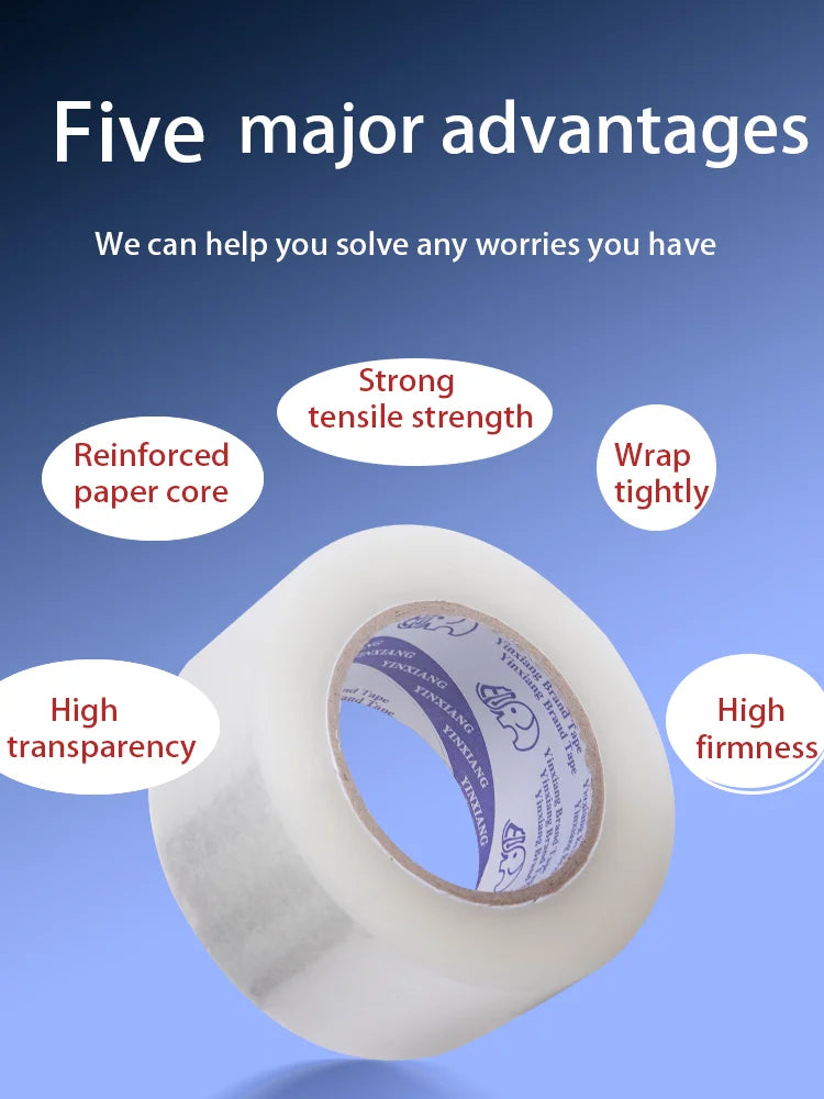 Five rolls of clear packaging tape stacked, showcasing their length and thickness, perfect for secure sealing and shipping.