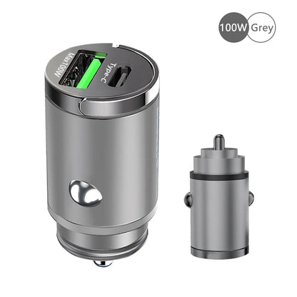 100W Car Charger with dual PD30W & QC30W intelligent chips, featuring a sleek zinc alloy body and a compact, pull-ring design. Compatible with USB and Type C devices for fast and safe charging.