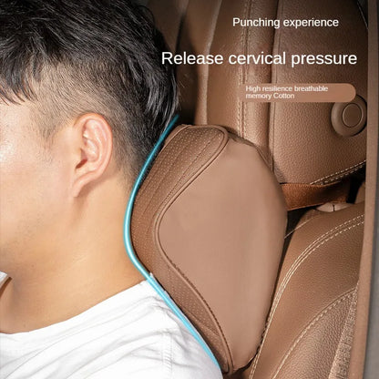 New Car Headrest Pillow Set - Sewing Leather Lumbar Waist Support Memory Foam Seat Neck Cushion