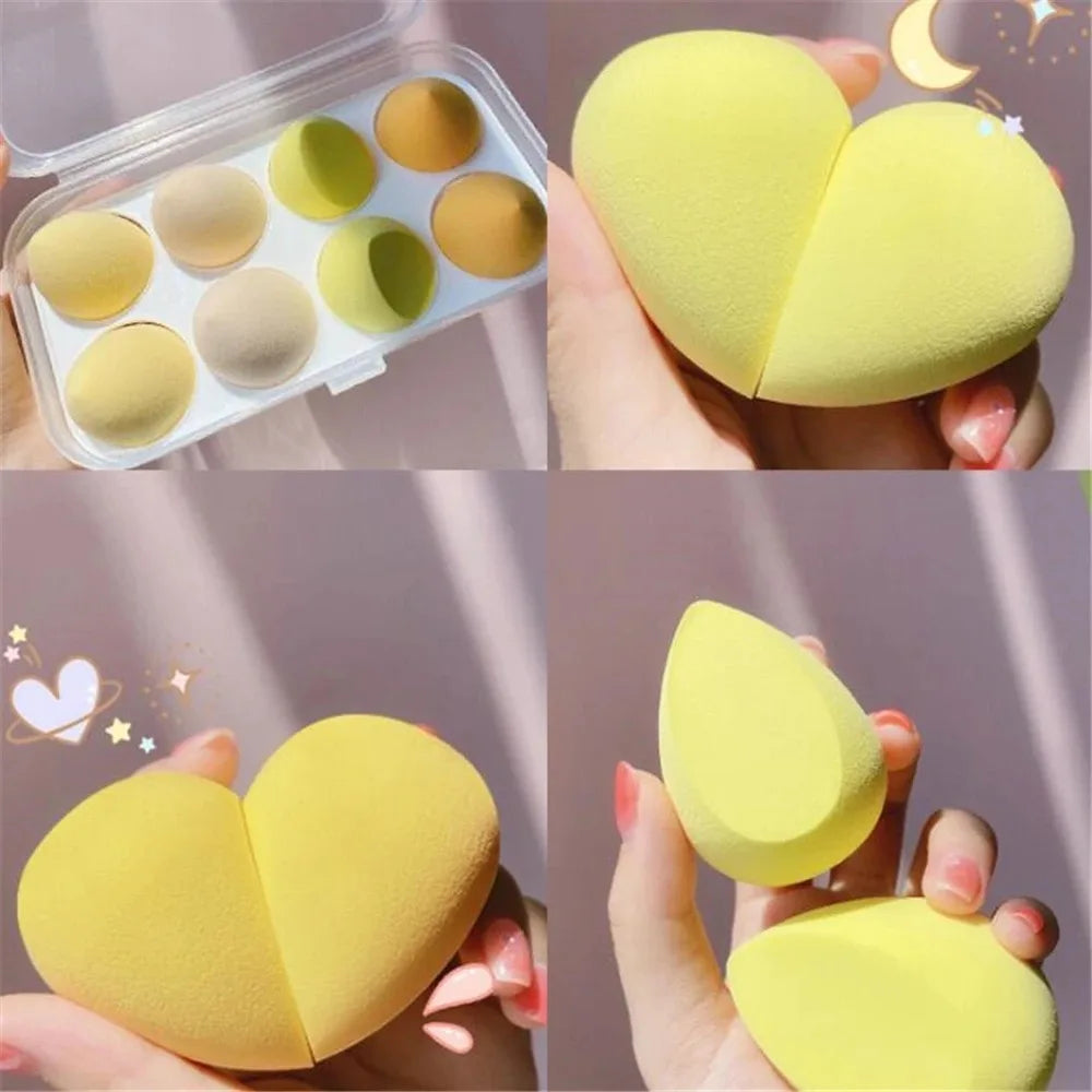 Assorted makeup sponges and puffs in a set of 4/8, ideal for applying foundation, concealer, and blush. Made of soft latex, perfect for a smooth, flawless makeup finish.