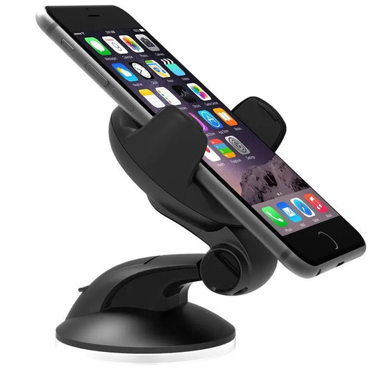 Universal Car Phone Holder with silicone suction cup in sleek black, 360° adjustable, mounted on a car windshield.