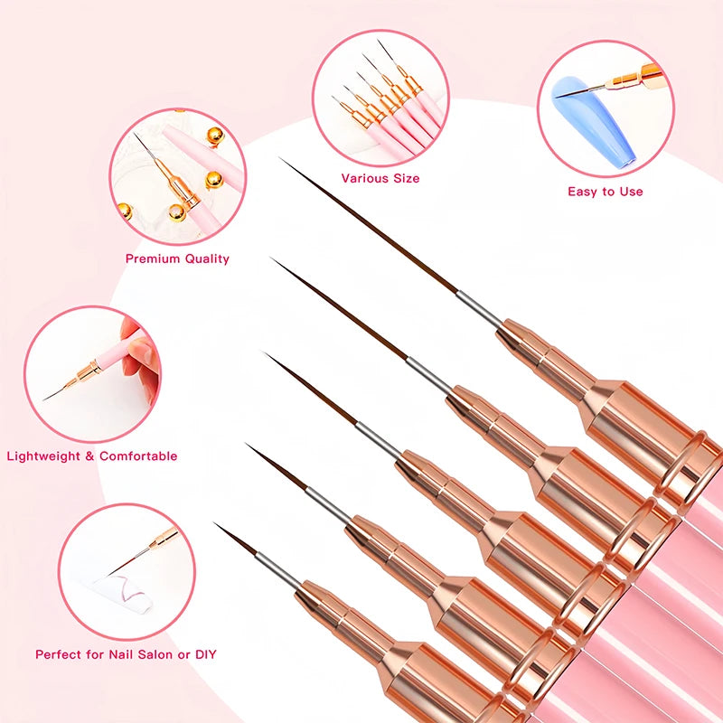 Set of five pink-handled nail art liner brushes of varying sizes displayed in a fan arrangement.