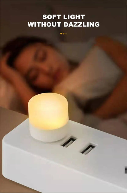 USB LED plug lamp, 1W night light providing warm white illumination. Available individually or in packs of 10, perfect for reading and portable lighting