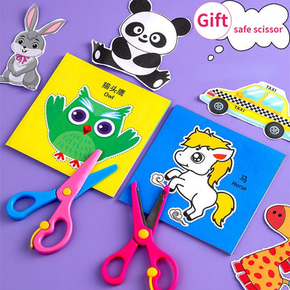 Colorful paper cut-outs and scissors from a DIY craft kit for children, featuring various cartoon-themed designs.