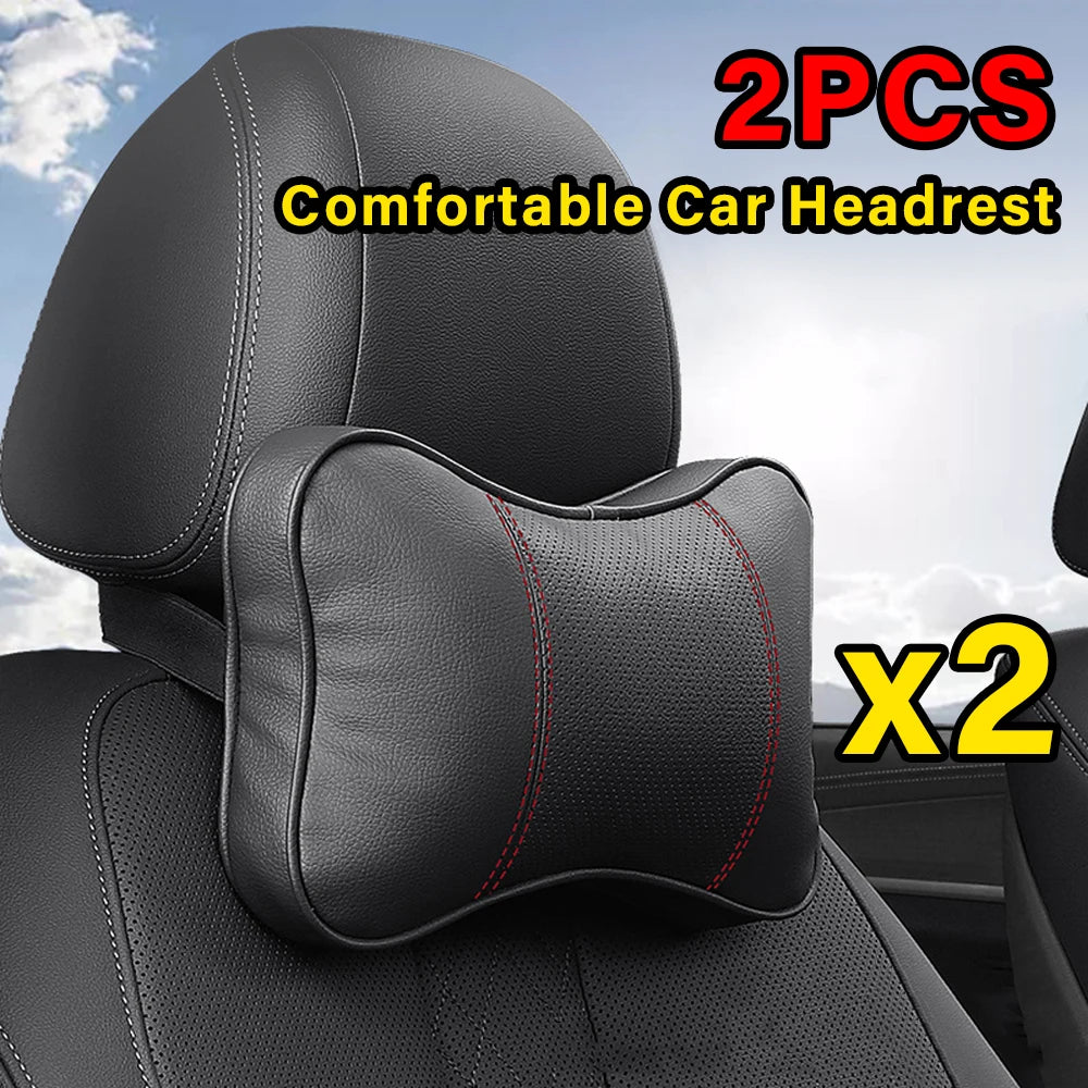 Two cowhide car neck pillows with an ergonomic design for universal use, providing support and comfort for neck and head while driving.