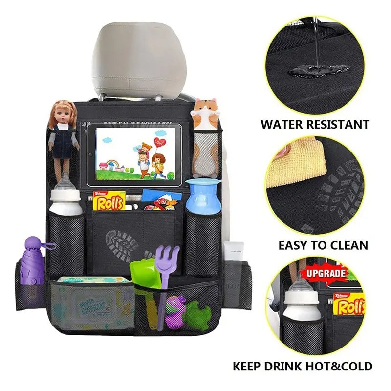 Car back seat organizer with touch screen tablet holder, waterproof and adjustable.