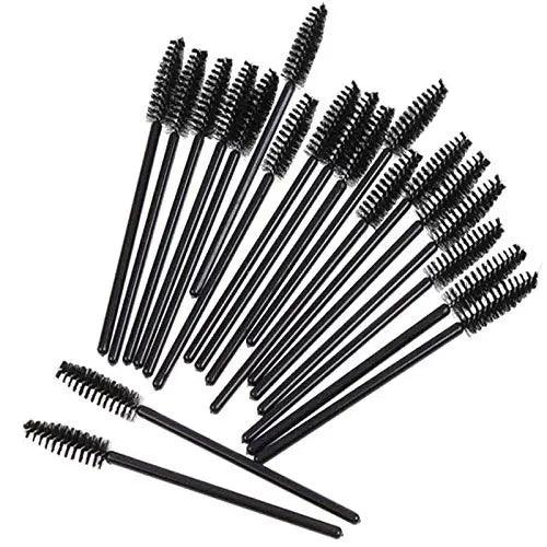 A collection of disposable eyelash mascara brushes and eyebrow spoolie wands, available in packs of 100 or 300. Ideal for lash extensions, eyebrow grooming, and makeup application.