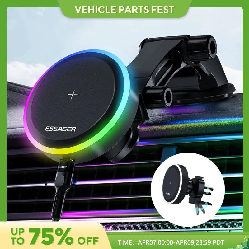 Essager RGB Magnetic Car Phone Holder with Qi 15W wireless charging, sleek black design, mounted in a car.