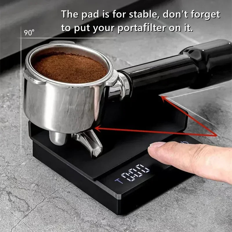 Mini coffee scale with LED display, 2kg capacity, accurate to 0.1g, USB powered.