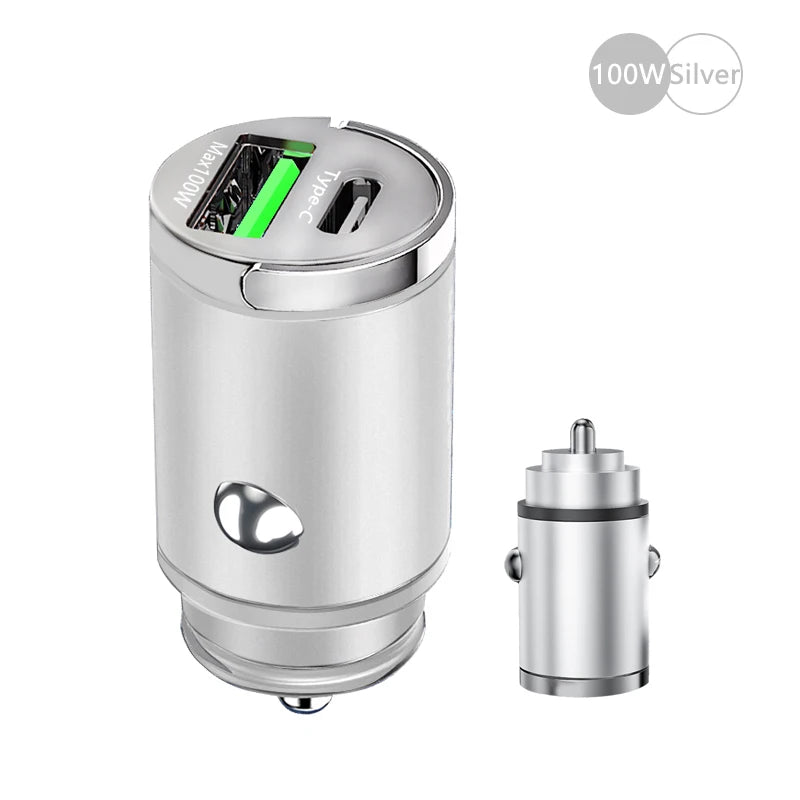 100W Car Charger with dual PD30W & QC30W intelligent chips, featuring a sleek zinc alloy body and a compact, pull-ring design. Compatible with USB and Type C devices for fast and safe charging.