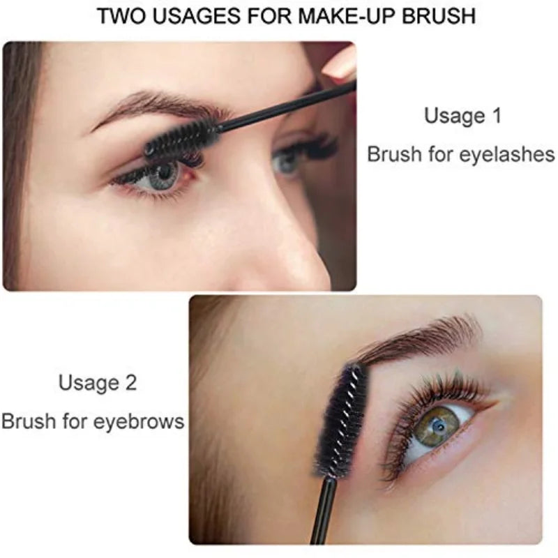 A collection of disposable eyelash mascara brushes and eyebrow spoolie wands, available in packs of 100 or 300. Ideal for lash extensions, eyebrow grooming, and makeup application.