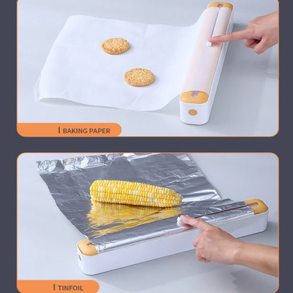 Plastic cling wrap dispenser with cutter, anti-drop design, fits up to 35 cm wide wraps.