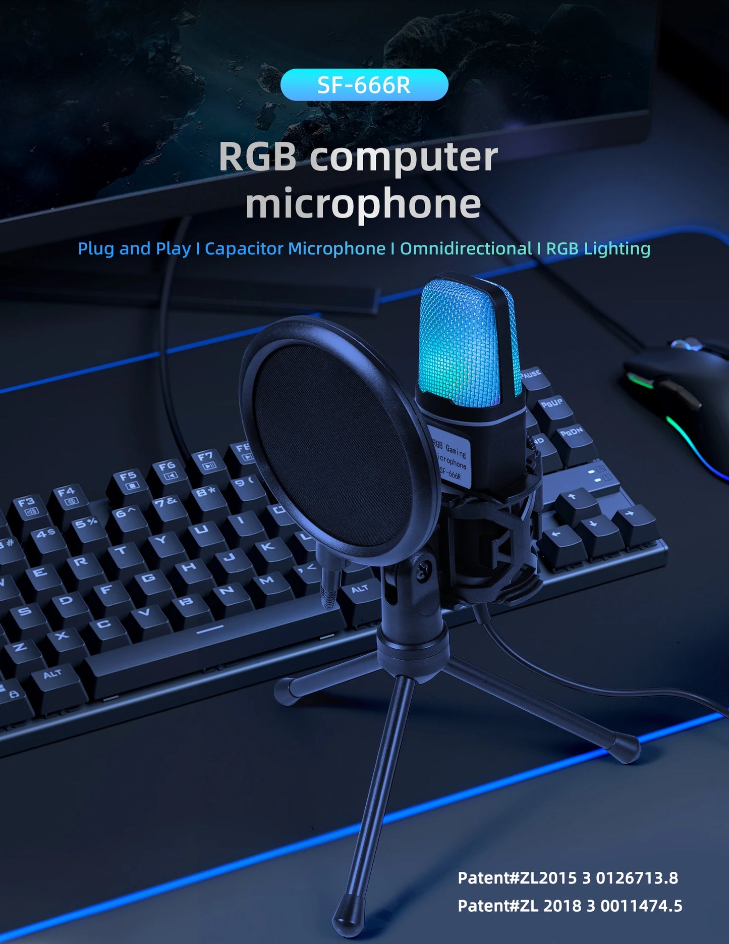 SF666R USB Microphone with RGB Lighting - Condenser Gaming Mic for PC