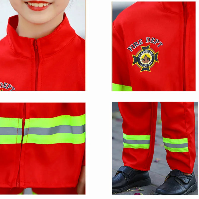 Children’s firefighter costume set with top, pants, adjustable helmet, and toy accessories, ideal for Halloween, career day, and imaginative play.