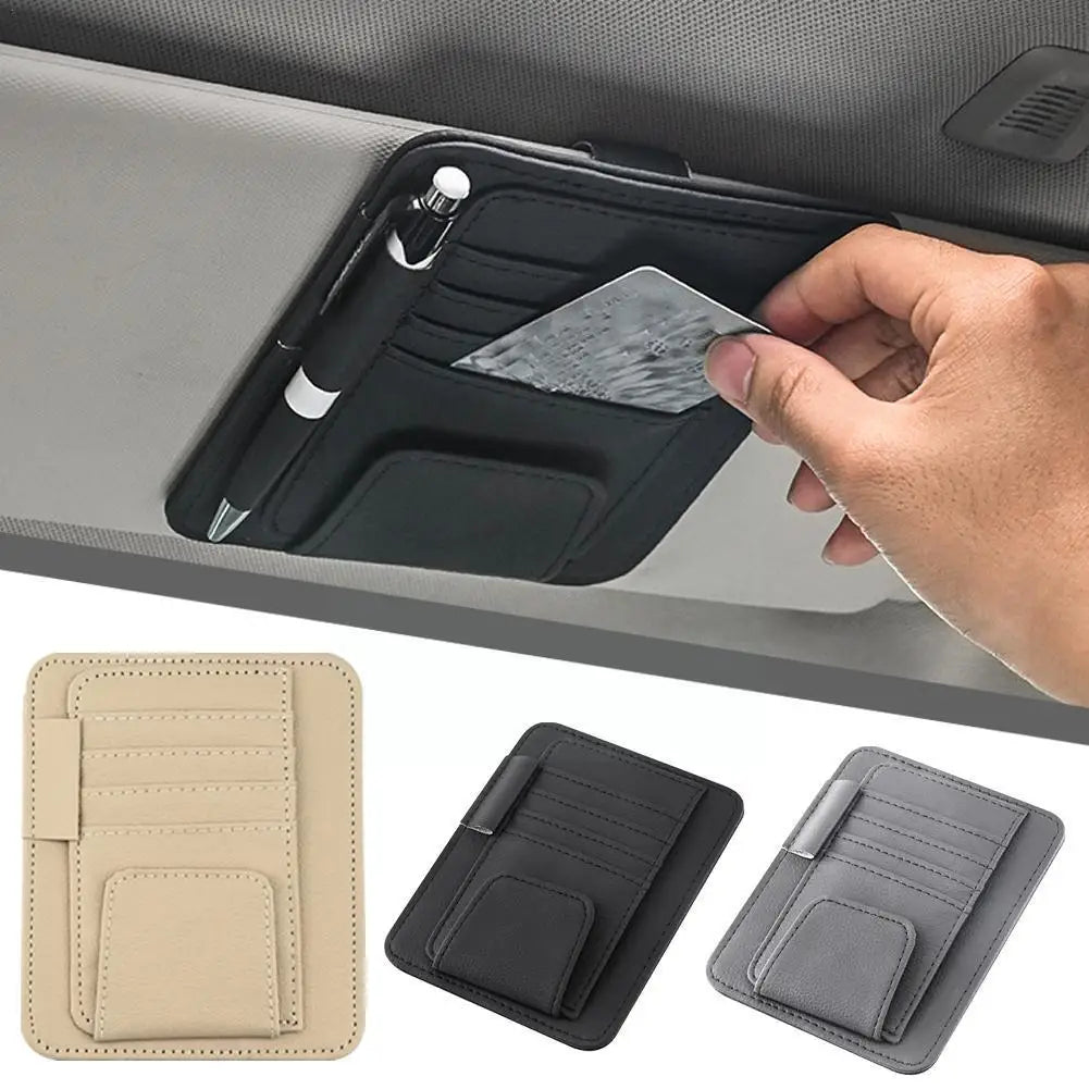 Multi-Pocket Leather Car Sun Visor Organizer for Sunglasses and Cards