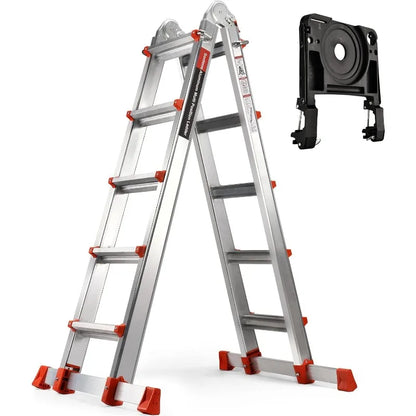 XMSJ 17 Ft telescopic aluminum ladder with stabilizer bars and removable tool tray.