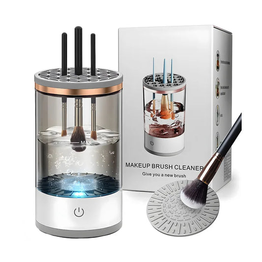 3-in-1 electric makeup brush cleaner with UV sterilization, sonic vibration, and quick-dry features. Includes a brush holder and USB cable for convenient use.