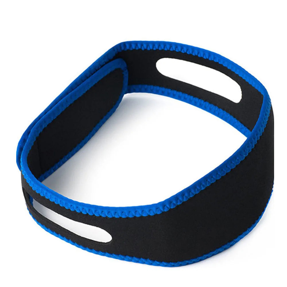 Blue anti-snore chin strap for stopping snoring and supporting jaw alignment.